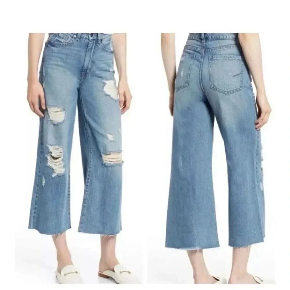 Habitual Poplor Blue  High-Waist Y2K Wide Leg Crop Jeans Distressed Raw Hem SZ 2